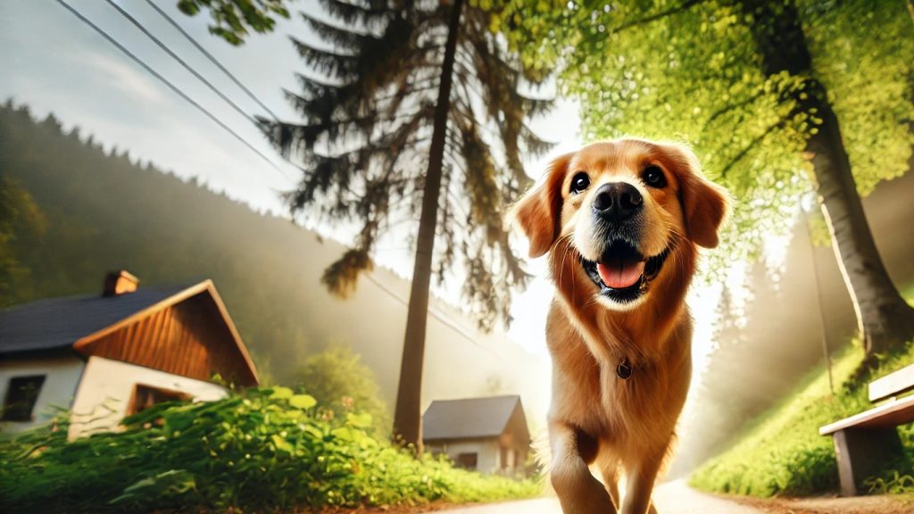 田舎道を散歩中の犬